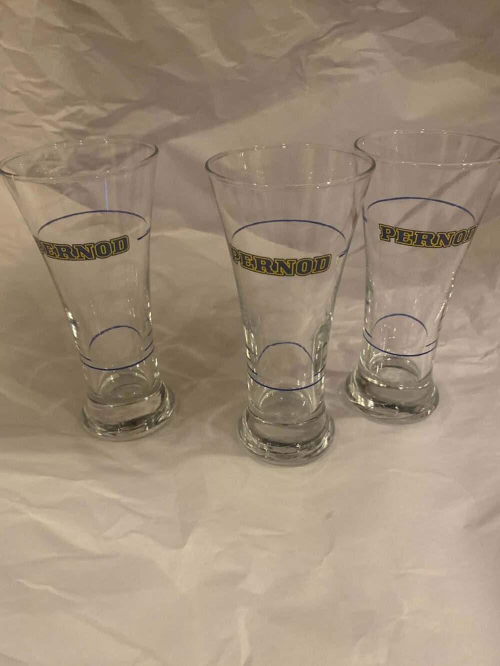 Set of 3 vintage Pernod barware glasses featuring the classic Pernod logo